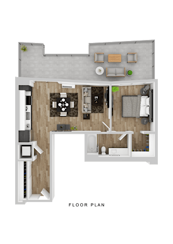 Floor Plan  A floor plan of a house with a living room, dining area, kitchen, and two bedrooms.