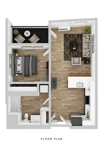 Floor Plan  A floor plan of a small apartment with a living room, kitchen, and bedroom.