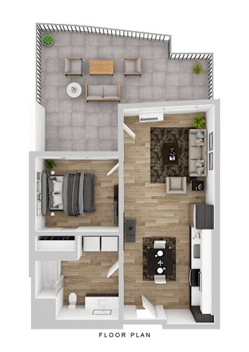 Floor Plan  A floor plan of a house with a living room, kitchen, and two bedrooms.