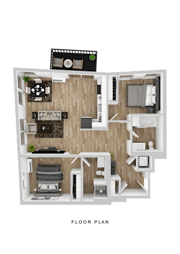 Floor Plan  A floor plan of a small apartment with a kitchen, living room, and bedroom.