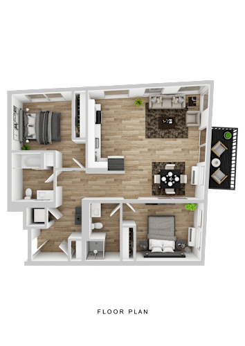 Floor Plan  A floor plan of a house with a kitchen, living room, and two bedrooms.