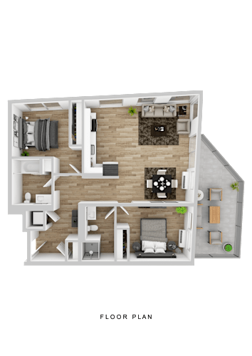 Floor Plan  A floor plan of a house with a living room, kitchen, and two bedrooms.