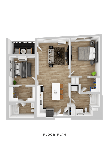 Floor Plan  A floor plan of a house with a kitchen, living room, and two bedrooms.