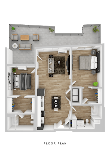Floor Plan  A floor plan of a house with a living room, kitchen, dining area, and two bedrooms.