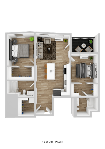 Floor Plan  A floor plan of a house with a living room, kitchen, and two bedrooms.