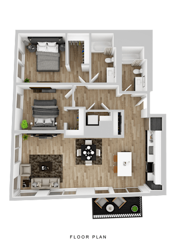 Floor Plan  A floor plan of a house with a living room, two bedrooms, a kitchen, and a bathroom.