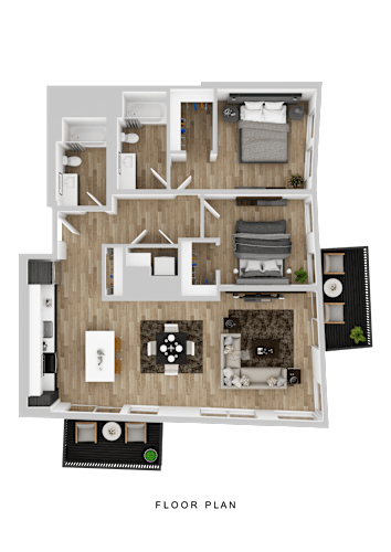 Floor Plan  A floor plan of a house with a kitchen, living room, and two bedrooms.
