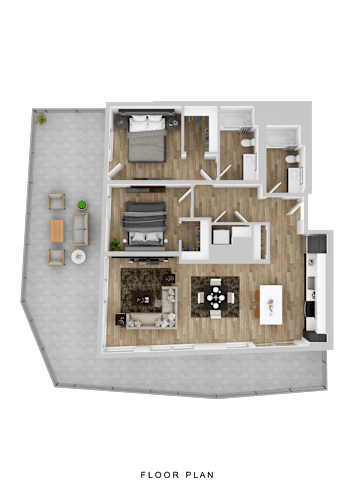 Floor Plan  A floor plan of a house with a living room, kitchen, dining area, and two bedrooms.