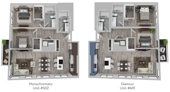 Floor Plan  Two floor plans of a Monochromatic Unit #502 and a Glamour Unit #601.