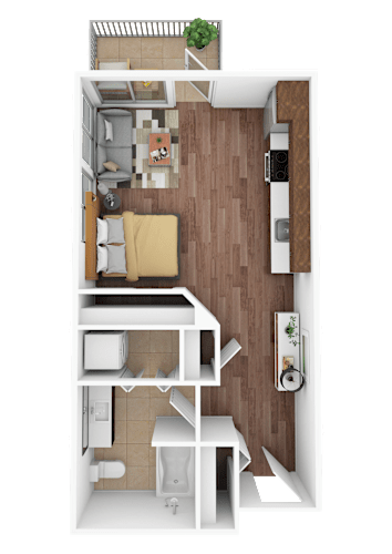 Floor Plan  A top-down view of a small apartment with a kitchen, living room, and bathroom.