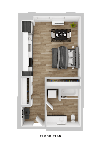 Floor Plan  A floor plan of a small apartment with a living room, kitchen, and bathroom.