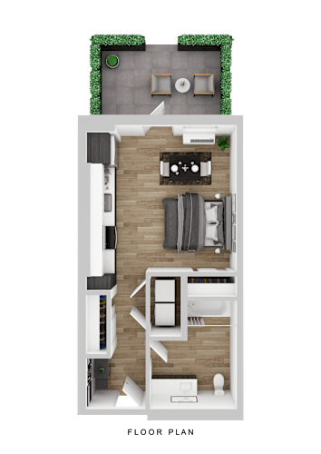 Floor Plan  A floor plan of a small apartment with a living room, kitchen, and bathroom.