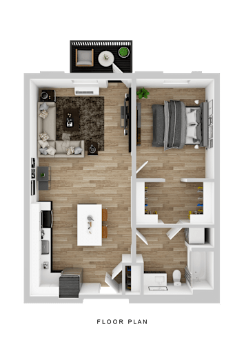 Floor Plan  A floor plan of a small apartment with a living room, kitchen, and bathroom.