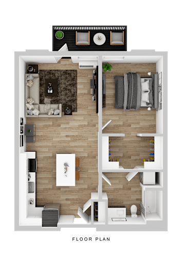 Floor Plan  A floor plan of a house with a living room, kitchen, and two bedrooms.