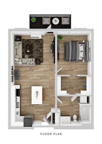 Floor Plan  A floor plan of a house with a living room, kitchen, and two bedrooms.