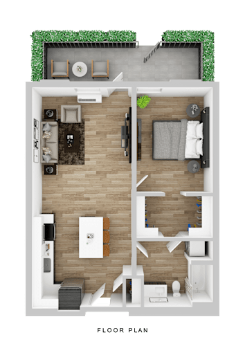 Floor Plan  A floor plan of a room with furniture and a green plant on the wall.