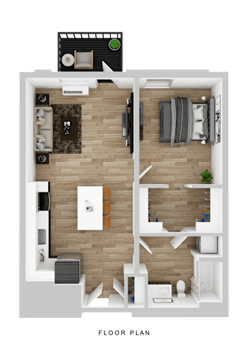 Floor Plan  A floor plan of a small apartment with a living room, kitchen, and bedroom.