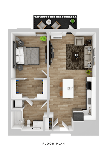 Floor Plan  A floor plan of a two-bedroom apartment with a living room, kitchen, and bathroom.