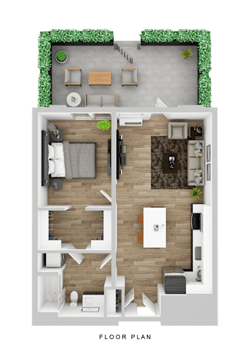 Floor Plan  A floor plan of a house with a living room, kitchen, and two bedrooms.