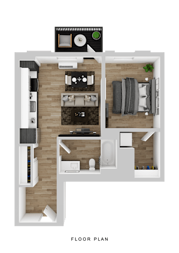 Floor Plan  A floor plan of a house with a kitchen, living room, and bathroom.