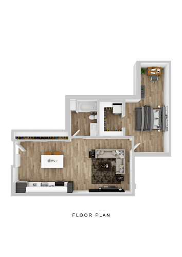 Floor Plan  A floor plan of a house with a living room, kitchen, and two bedrooms.