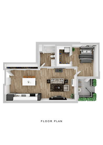 Floor Plan  A floor plan of a house with a living room, kitchen, and two bedrooms.
