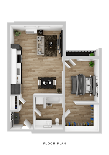 Floor Plan  A floor plan of a small apartment with a living room, kitchen, and bedrooms.