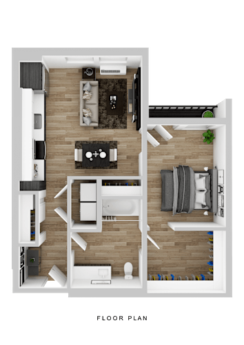 Floor Plan  A floor plan of a small apartment with a kitchen, living room, and bathroom.