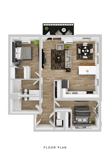 Floor Plan  A floor plan of a house with a living room, kitchen, dining area, and two bedrooms.