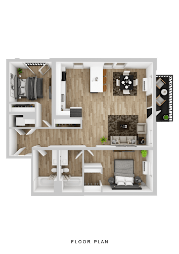 Floor Plan  A floor plan of a house with a living room, dining room, kitchen, and two bedrooms.
