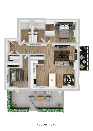 Floor Plan  A floor plan of a house with a living room, kitchen, dining room, and two bedrooms.