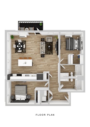 Floor Plan  A floor plan of a small apartment with a kitchen, living room, and bedrooms.