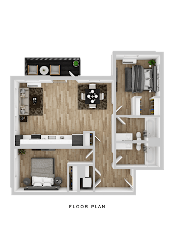 Floor Plan  A floor plan of a small apartment with a kitchen, living room, and bedrooms.