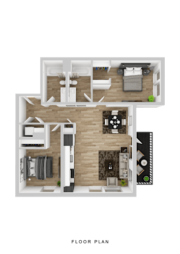 Floor Plan  A floor plan of a house with a kitchen, living room, dining room, and two bedrooms.