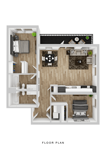 Floor Plan  A floor plan of a small apartment with a living room, kitchen, and bedroom.