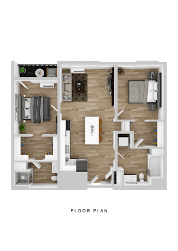 Floor Plan  A floor plan of a small apartment with a kitchen, living room, and two bedrooms.