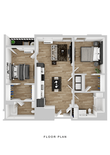Floor Plan  A floor plan of a house with a kitchen, living room, and two bedrooms.