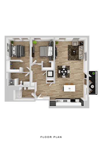 Floor Plan  A floor plan of a house with a kitchen, living room, and two bedrooms.