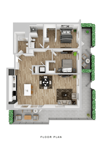 Floor Plan  A floor plan of a house with a living room, kitchen, dining room, and two bedrooms.