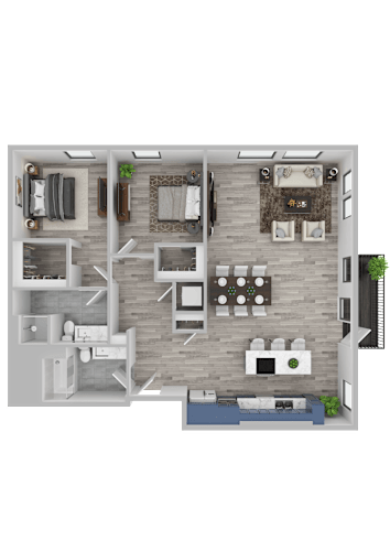 Floor Plan  A top-down view of a house layout with a kitchen, living room, dining area, and bedrooms.