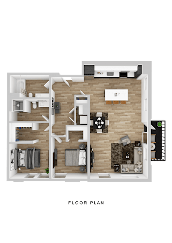 Floor Plan  A floor plan of a house with a kitchen, living room, and two bedrooms.