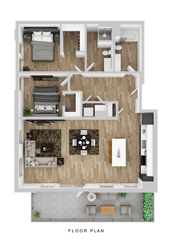 Floor Plan  A floor plan of a house with a living room, kitchen, and two bedrooms.