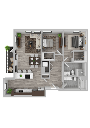 Floor Plan  A top-down view of a house layout with a living room, kitchen, dining area, and bedrooms.