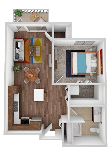 Floor Plan  A top-down view of a small apartment with a living room, kitchen, and bathroom.