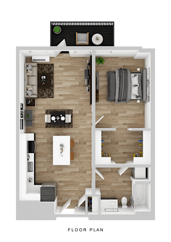 Floor Plan  A floor plan of a house with a living room, kitchen, and two bedrooms.