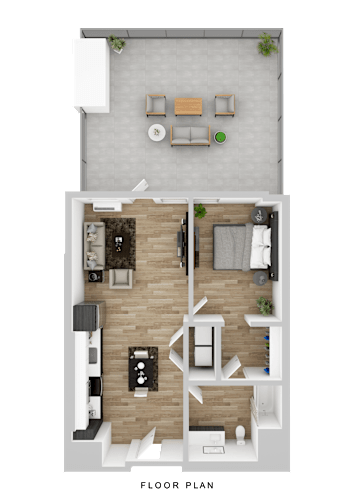 Floor Plan  A floor plan of a small apartment with a kitchen, living room, and bedroom.