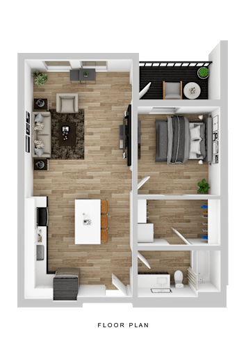 Floor Plan  A floor plan of a small apartment with a living room, kitchen, and bedroom.