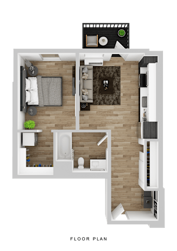 Floor Plan  A floor plan of a small apartment with a living room, kitchen, and bathroom.