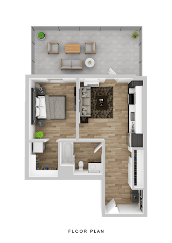 Floor Plan  A floor plan of a house with a living room, kitchen, and bathroom.