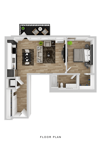 Floor Plan  A floor plan of a house with a living room, kitchen, and two bedrooms.